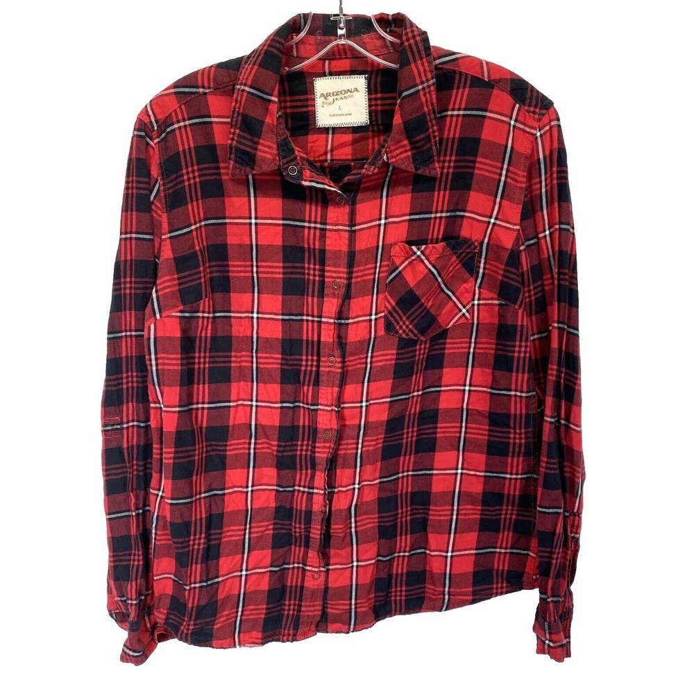 Arizona Jeans Women's Large Plaid Long Sleeve Snap Button Flannel Shirt Red